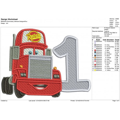 Mack Truck Number 1 Fill Stitch Embroidery Design