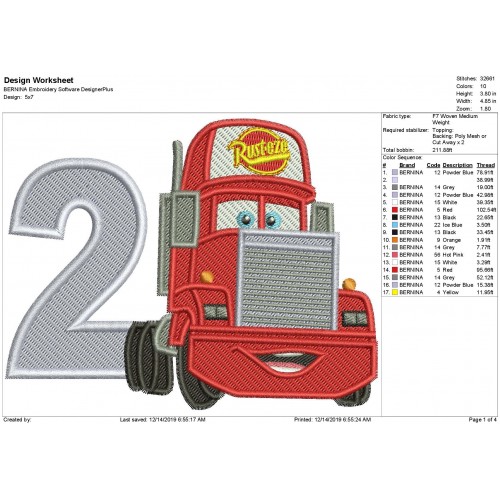 Mack Truck Number 2 Fill Stitch Embroidery Design