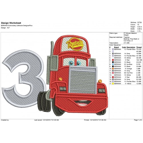 Mack Truck Number 3 Fill Stitch Embroidery Design