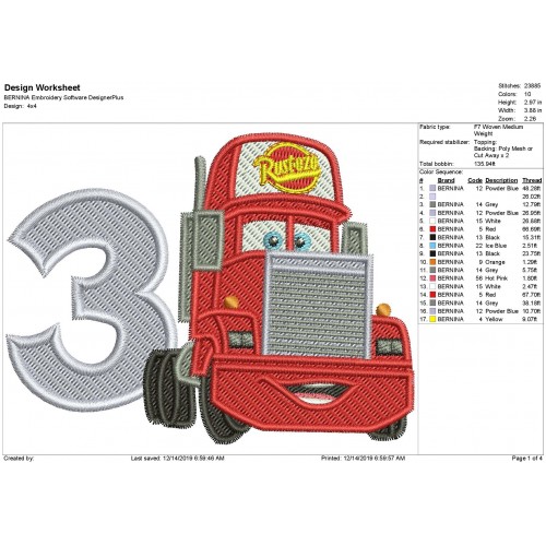 Mack Truck Number 3 Fill Stitch Embroidery Design