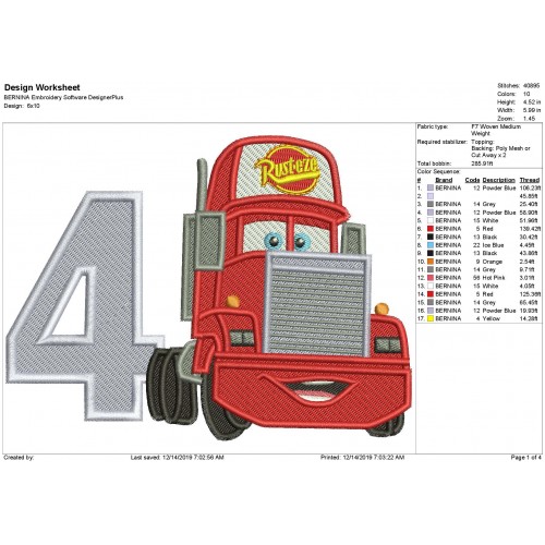 Mack Truck Number 4 Fill Stitch Embroidery Design