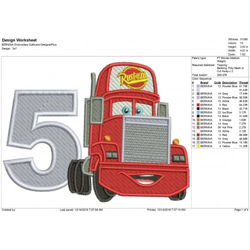 Mack Truck Number 5 Fill Stitch Embroidery Design