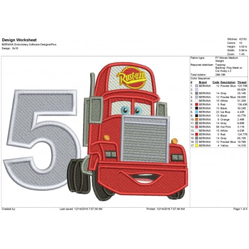 Mack Truck Number 5 Fill Stitch Embroidery Design