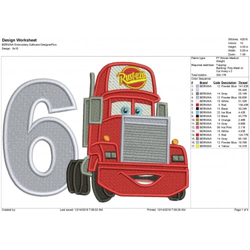 Mack Truck Number 6 Fill Stitch Embroidery Design