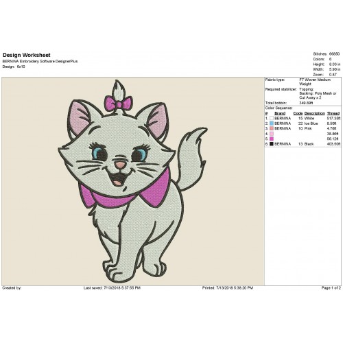 Marie Aristocats Embroidery Design