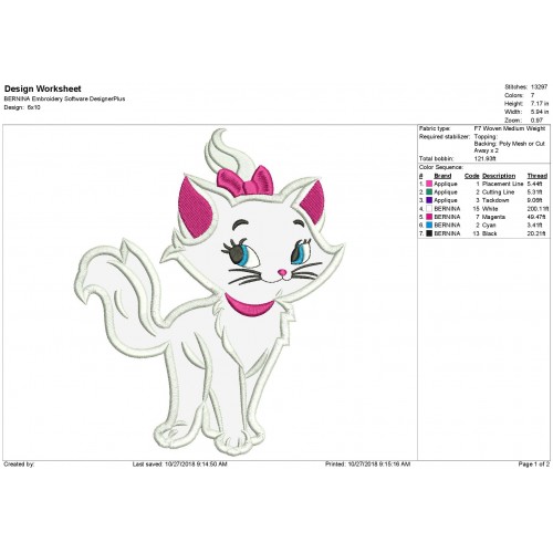 Marie Cat Applique Design Aristocat Applique