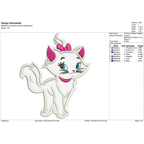 Marie Cat Applique Design Aristocat Applique