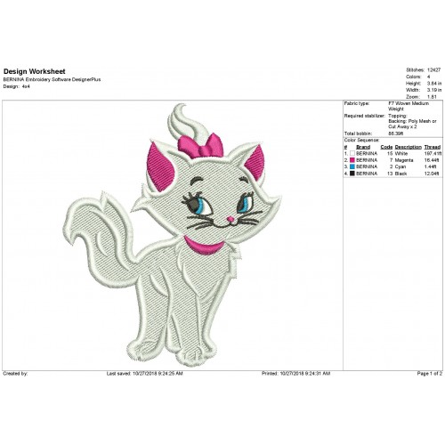 Marie Cat Embroidery Design Filled Stitch