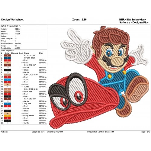 Mario Odyssey Embroidery Design Filling Stitches