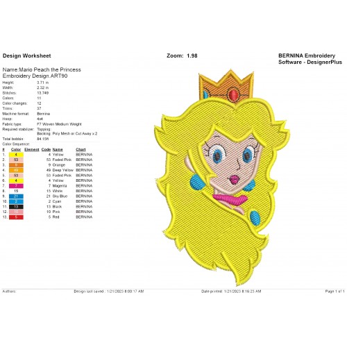 Mario Peach the Princess Embroidery Design