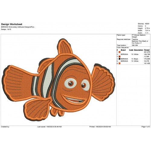 Marlin Finding Nemo Fill Stitch Embroidery Design