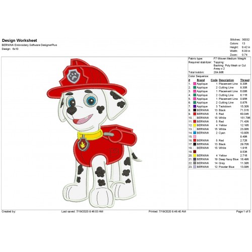 Marshall Paw Patrol Applique Design