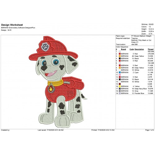 Marshall Paw Patrol Full Embroidery Design