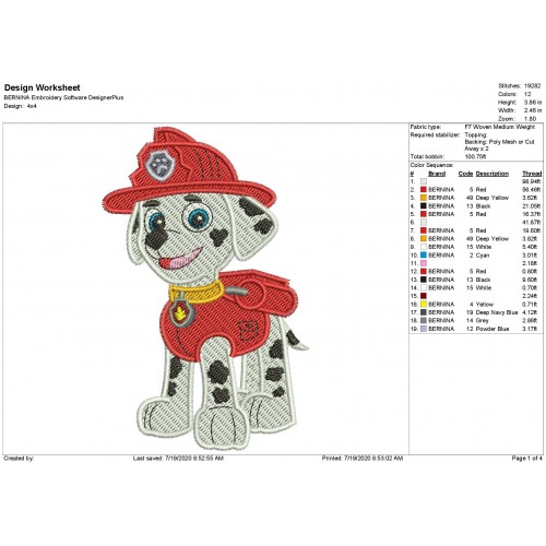 Marshall Paw Patrol Full Embroidery Design