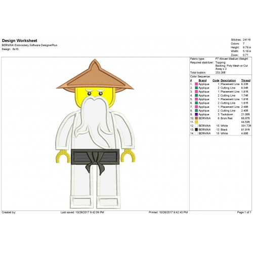 Master WU White Lego Ninjago Applique Design