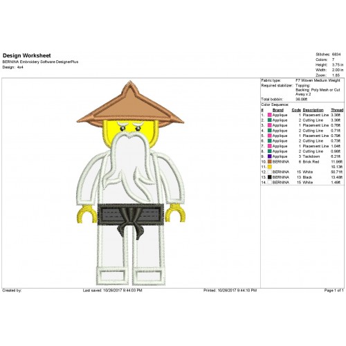 Master WU White Lego Ninjago Applique Design