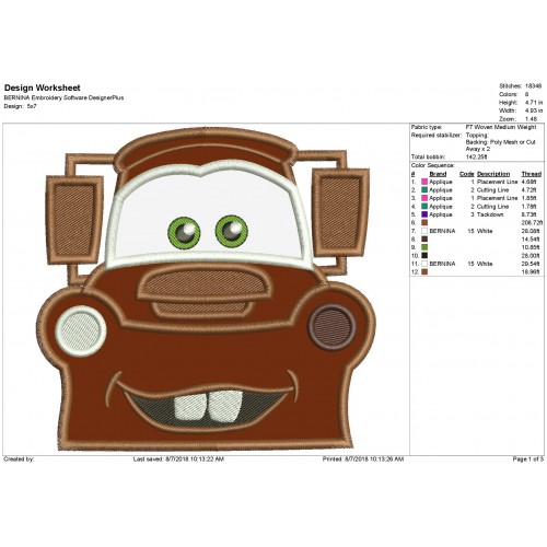 Mater Cars Embroidery Applique Design