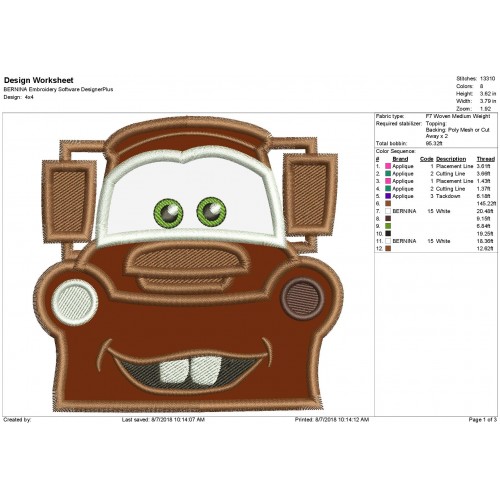 Mater Cars Embroidery Applique Design