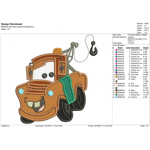 Mater From Disney Cars Machine Applique Design