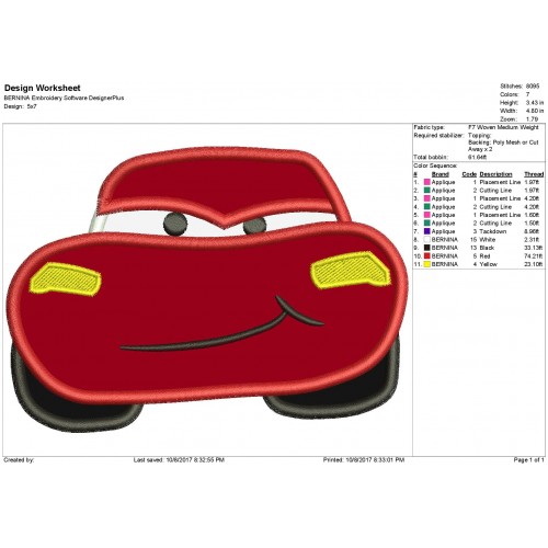 McQueen Disney Cars Applique Design