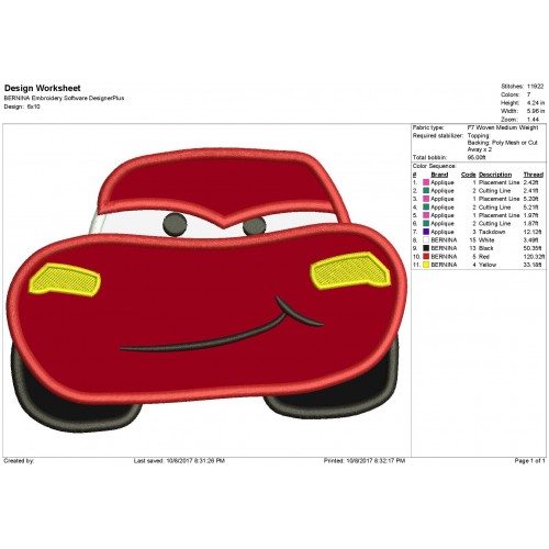 McQueen Disney Cars Applique Design