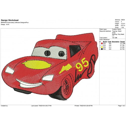 Mcqueen Disney Cars Machine Embroidery Design