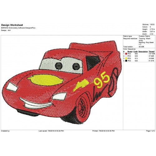 Mcqueen Disney Cars Machine Embroidery Design