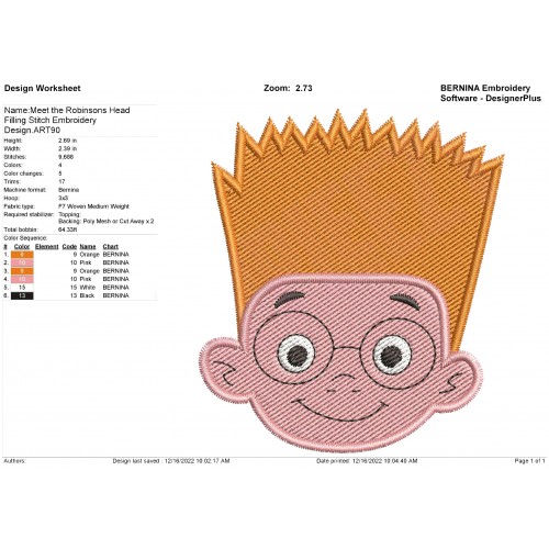 Meet the Robinsons Head Filling Stitch Embroidery Design
