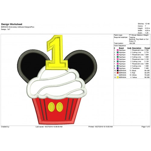 Mickey 1st Birthday Cupcake Applique Design