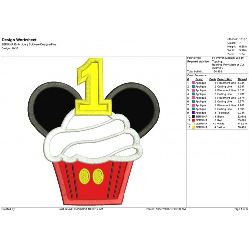Mickey 1st Birthday Cupcake Applique Design