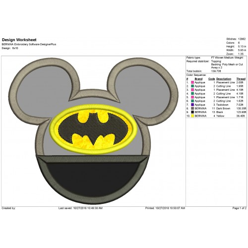 Mickey Batman Ears Applique Design