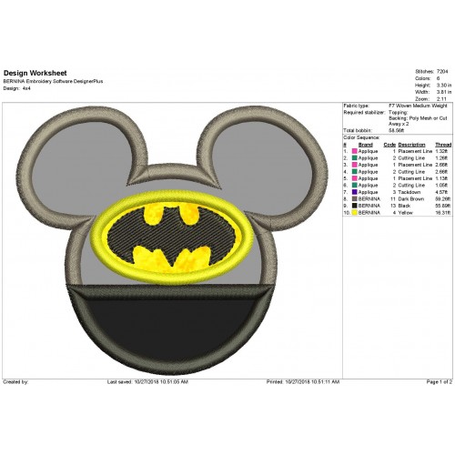 Mickey Batman Ears Applique Design