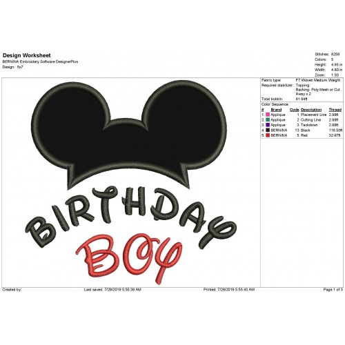 Mickey Birthday Boy Applique Design