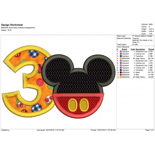 Mickey Ears 3rd Birthday Applique Design