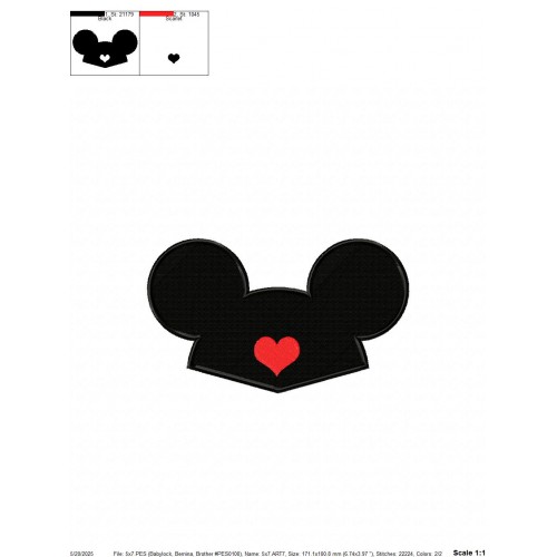 Mickey Ears Heart Embroidery Design Embr