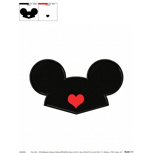Mickey Ears Heart Embroidery Design Embr