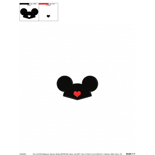 Mickey Ears Heart Embroidery Design Embr