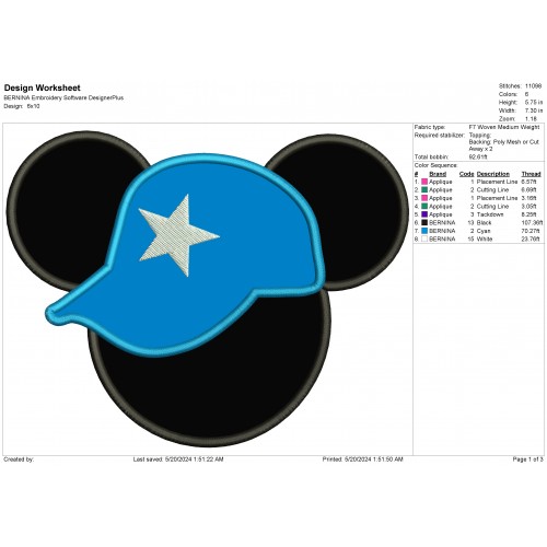 Mickey Ears with a Blue Hat Applique Design