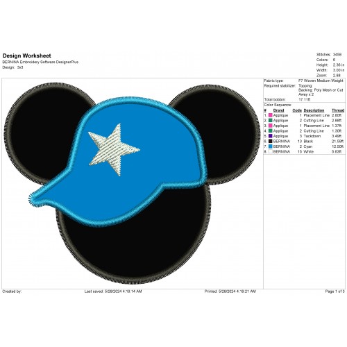 Mickey Ears with a Blue Hat Applique Design