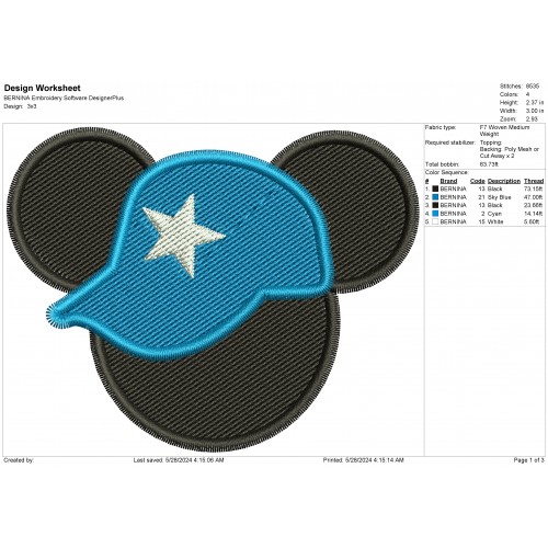 Mickey Ears with a Blue Hat Embroidery Design