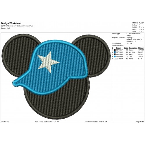 Mickey Ears with a Blue Hat Embroidery Design