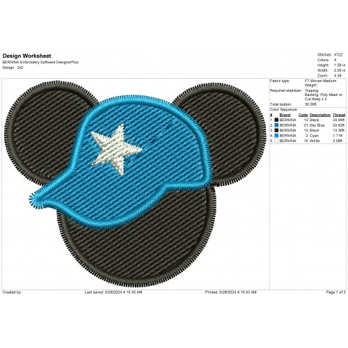 Mickey Ears with a Blue Hat Embroidery Design