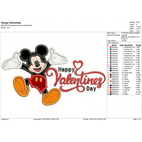 Mickey Happy Valentine Day Applique Design