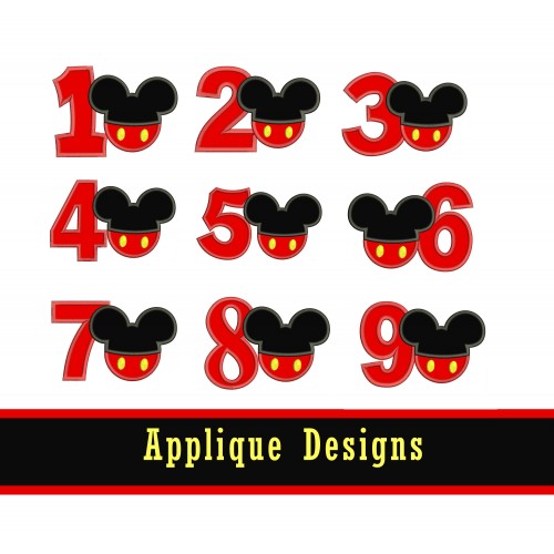 Mickey Head with Numbers 1 - 9 Applique Designs