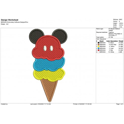 Mickey Ice Cream Filled Embroidery Design