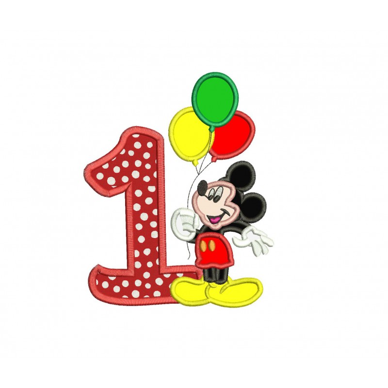 Mickey Mouse 1st Birthday Holding a Balloons Applique Design