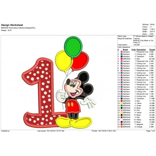 Mickey Mouse 1st Birthday Holding a Balloons Applique Design