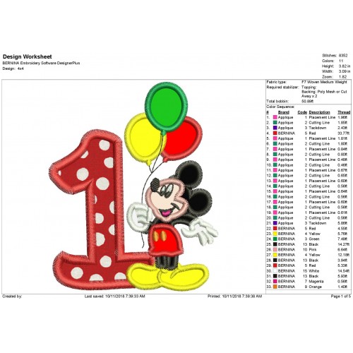 Mickey Mouse 1st Birthday Holding a Balloons Applique Design
