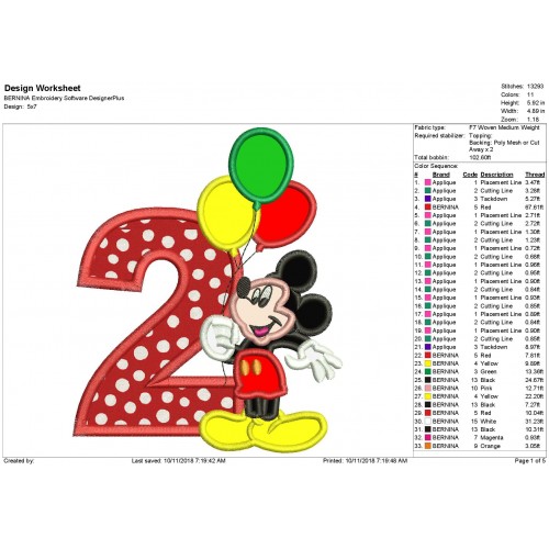Mickey Mouse 2nd birthday Holding a Balloons Applique Design