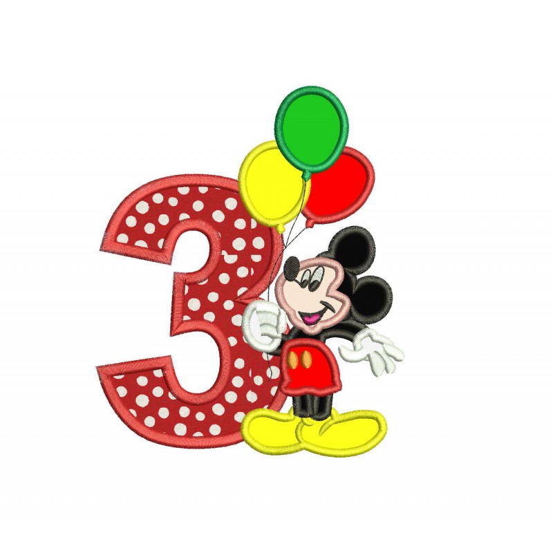 Mickey Mouse 3rd Birthday Holding a Balloons Applique Design